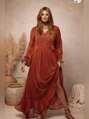 Vintage‑Inspired Boho Maxi Dress with Embroidered Waistband